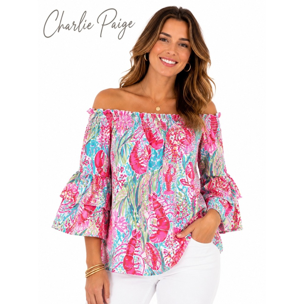 Charlie Paige Off Shoulder Tropical Floral Lobster Print Bell Sleeve Blouse XL